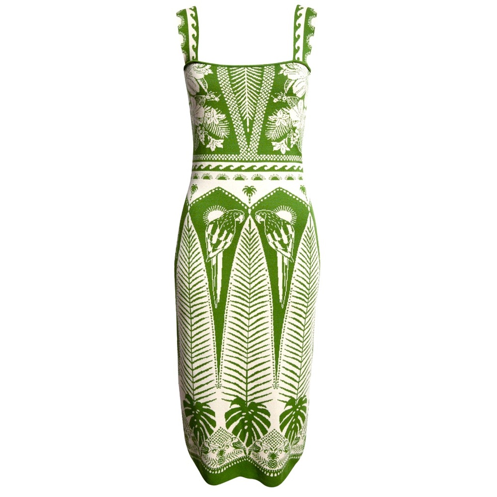 Never worn, tag on, FARM RIO knit dress. Elegant green & cream macaw design.